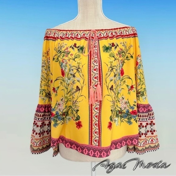 Umgee Tops - Umgee New Bohemian Style Floral Yellow Top with Tassels